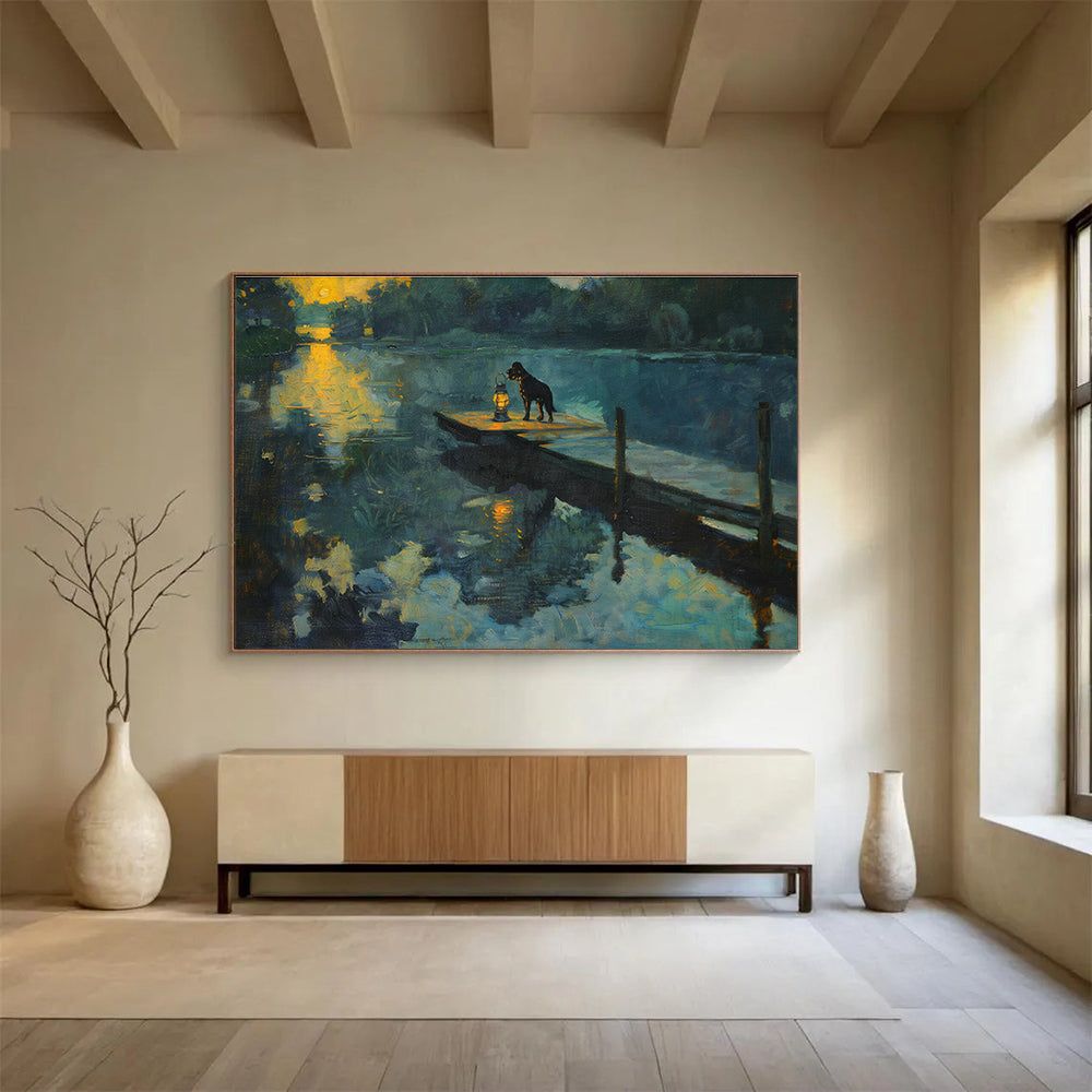 Lakeside Dog & Lantern Oil Painting for Rustic Cabin Living Rooms DLZ2605