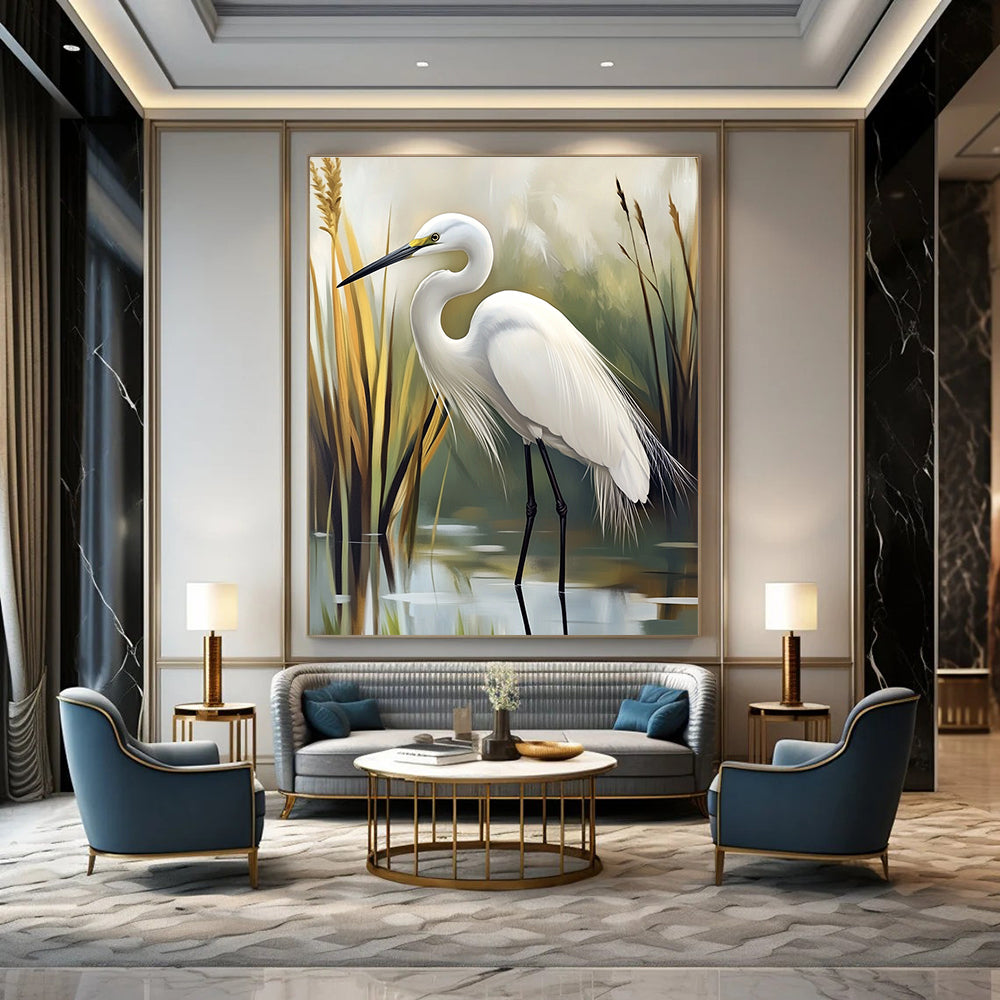 White Egret in Reed Bed for Coastal Home Living Room & Bird - Watching Club STSC1293