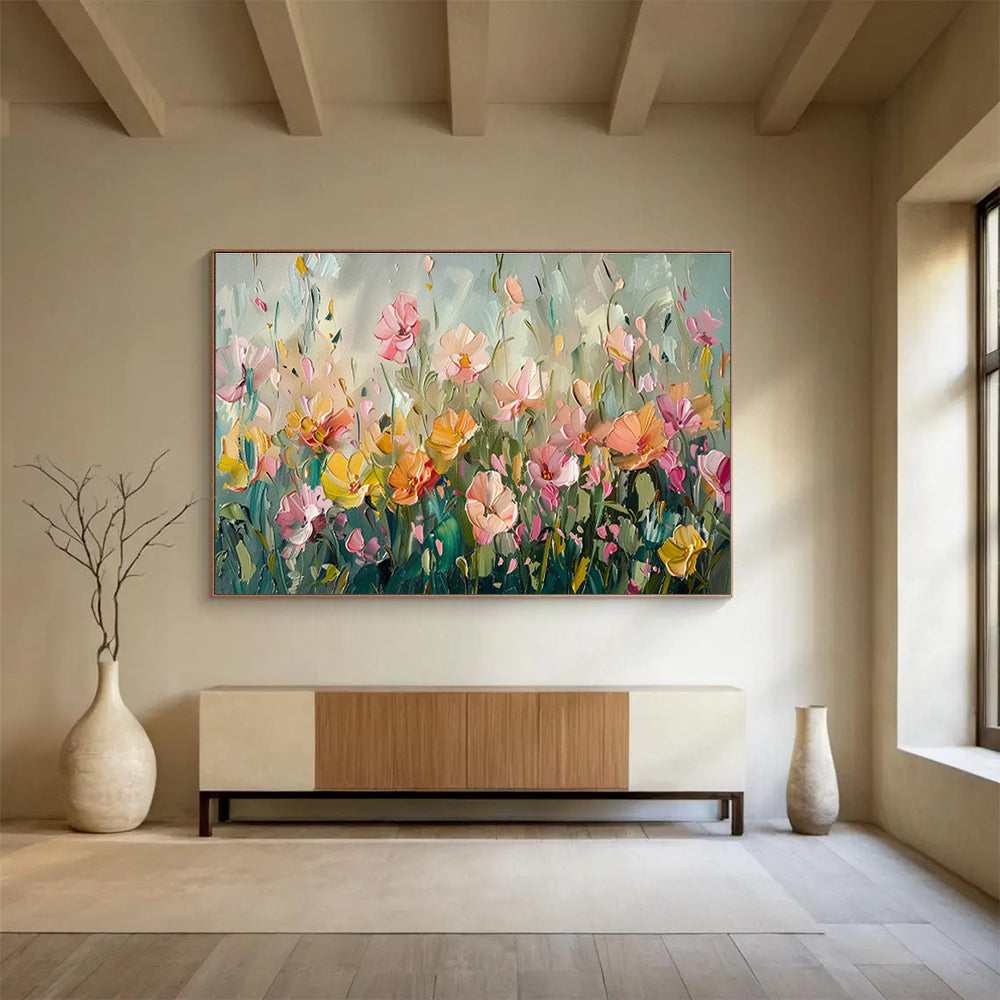 Soft - Toned Flower Field Oil Painting for Serene Bedroom Retreats DLZ3093