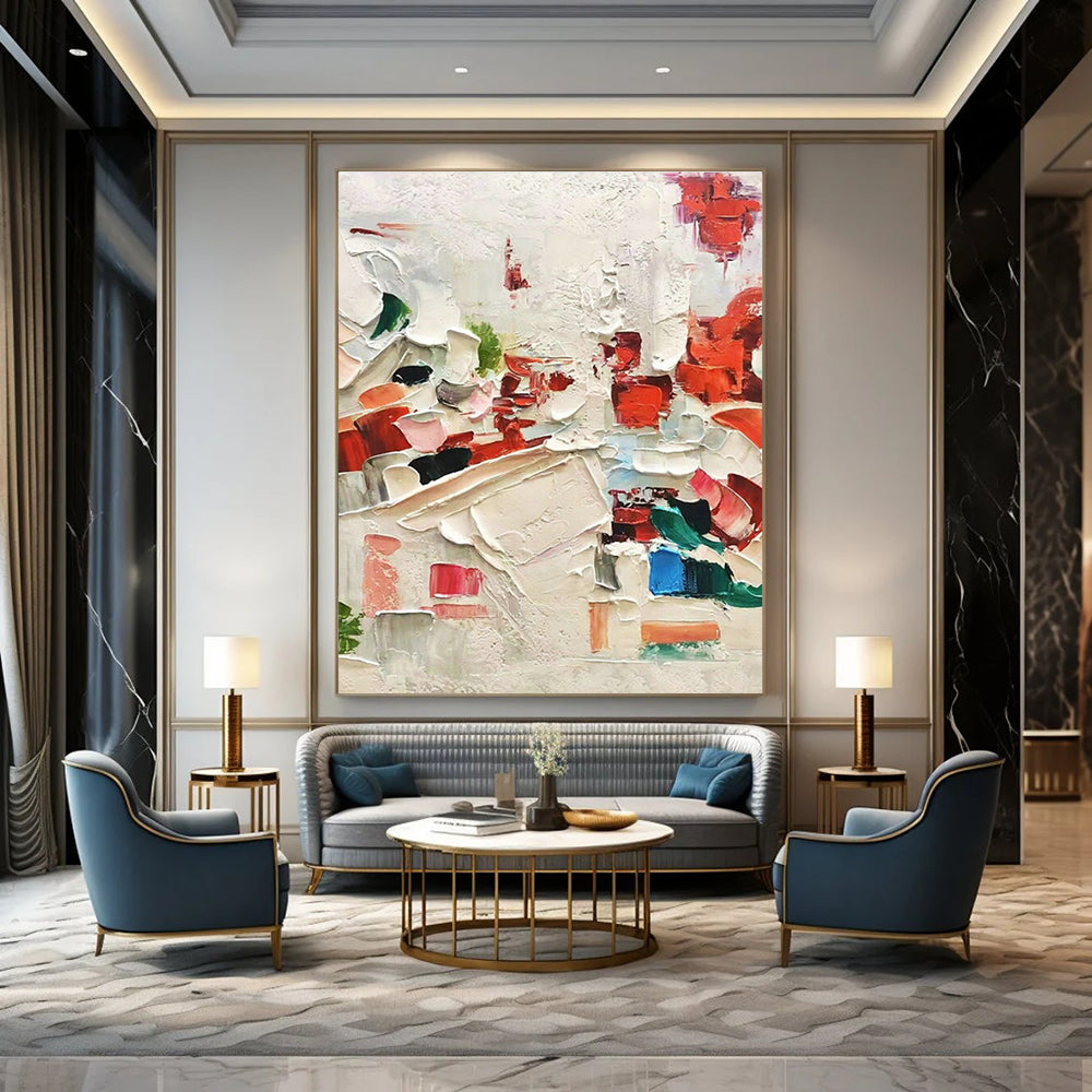 Red - White Thick - Painted Abstract Art for Avant - Garde Restaurant & Dramatic Home Dining Room DLZ1608