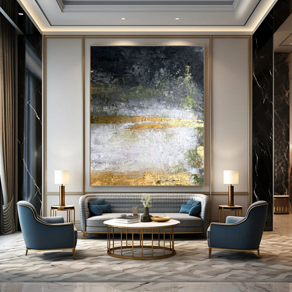 Black - White - Gray - Gold Abstract Art for Urban Penthouse & Art Gallery Corridor DLZ1905