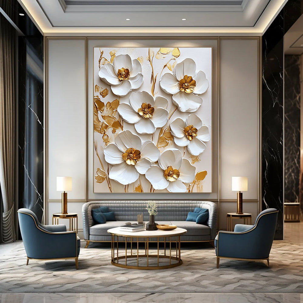 3D White Flowers with Gold Centers Textured Floral Art for Bohemian - Style Living Room & High - End Home Spa STSC1481