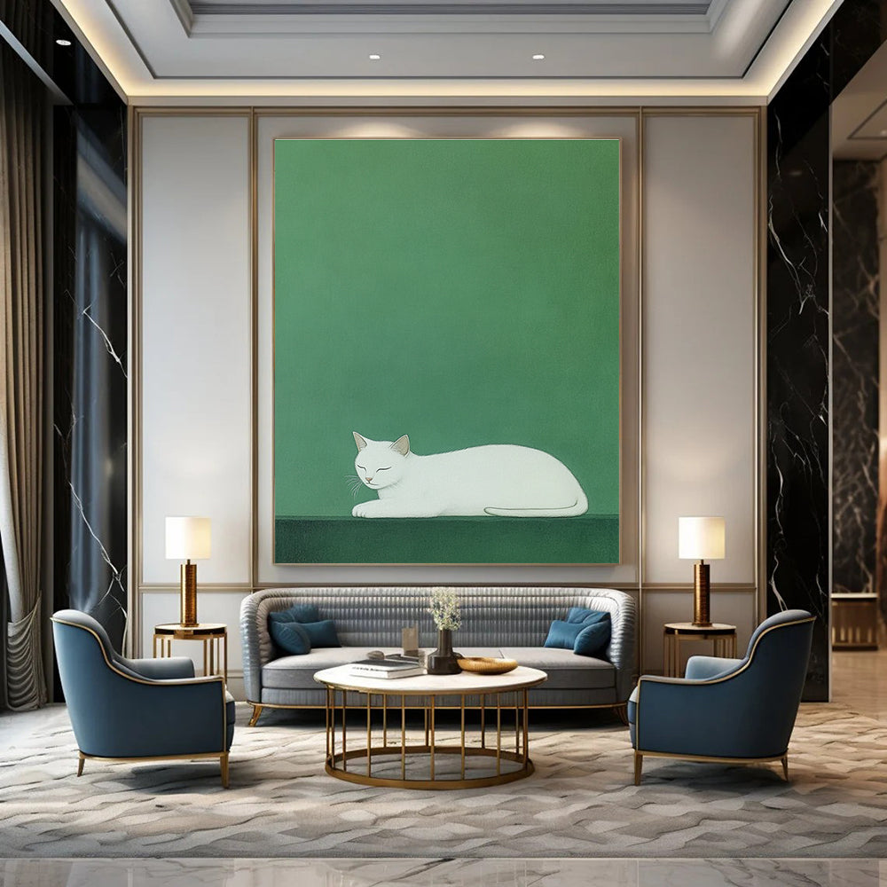 Sleeping White Cat Minimalist Pet Art for Scandinavian - Style Home & Calm Home Library STSC1473
