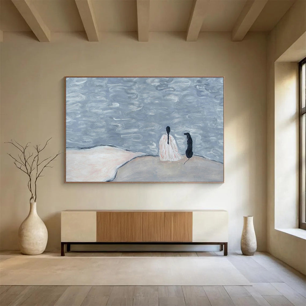 Figure and Dog by the Water Abstract Art for Serene Reading Nook DLZ2807
