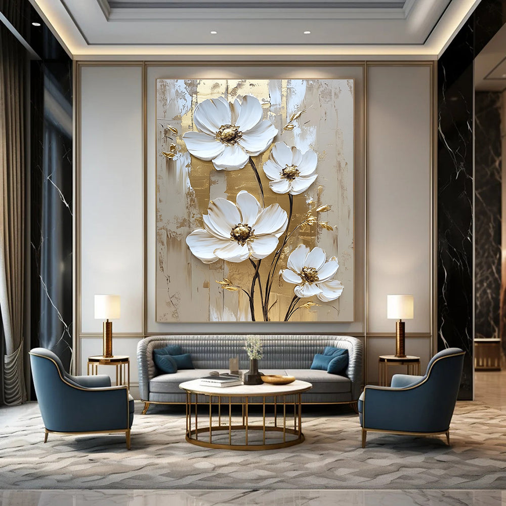 Gold - Accented White Flowers for Opulent Bedroom & Luxury Hotel Suite STSC510