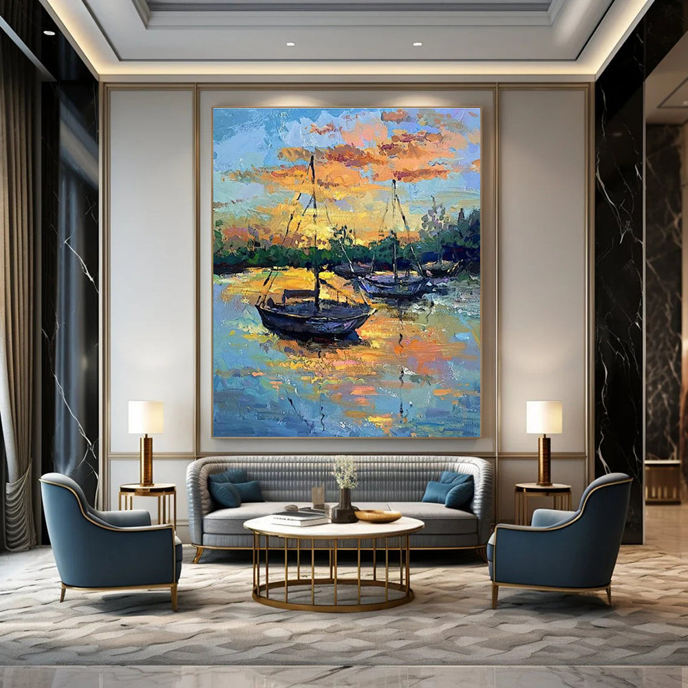 Sunset Sailboats Oil Art for Lakeside Home Dining Rooms & Porch - Facing Lounge Areas DLZ0294