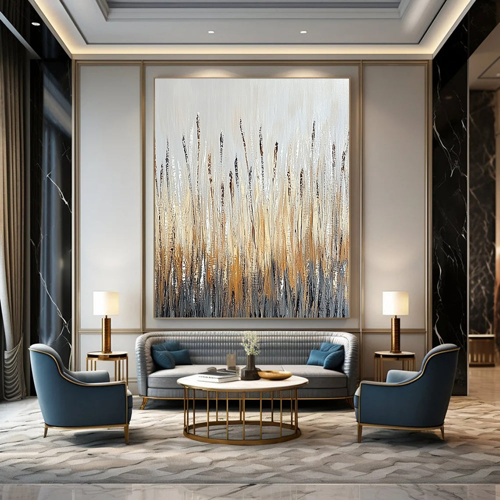 Silver and Gold Reed Abstract for Contemporary Lakeside Home & Sophisticated Dining Room STSC337