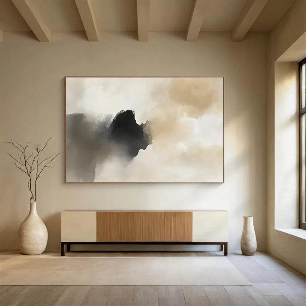 Beige - Black Abstract Clouds Art for Minimalist Bedroom & Serene Spa SC222