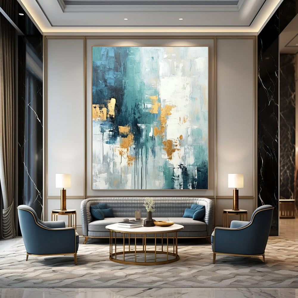 Blue - Gold Abstract Art for Coastal Luxury Home & High - End Art Lounge DLZ1936