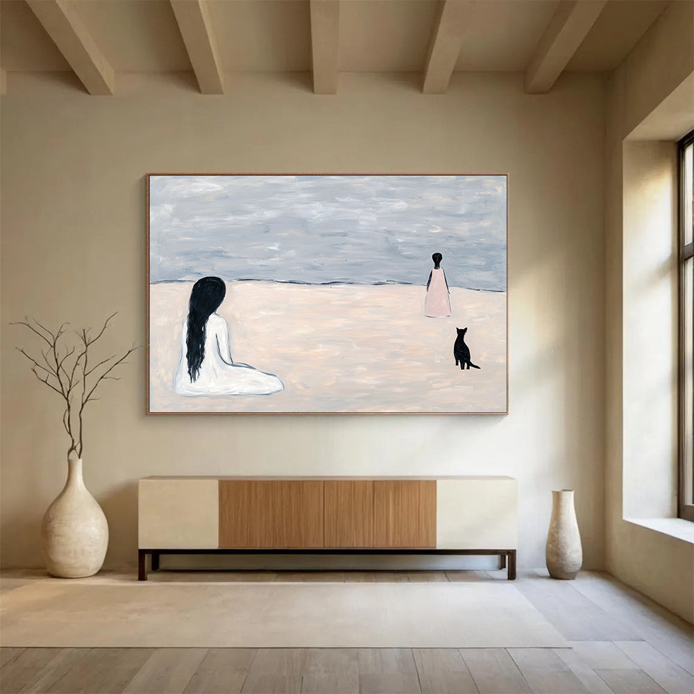 Figure and Cat on Beach Art for Coastal Home Bedroom & Intimate Reading Nook SC468