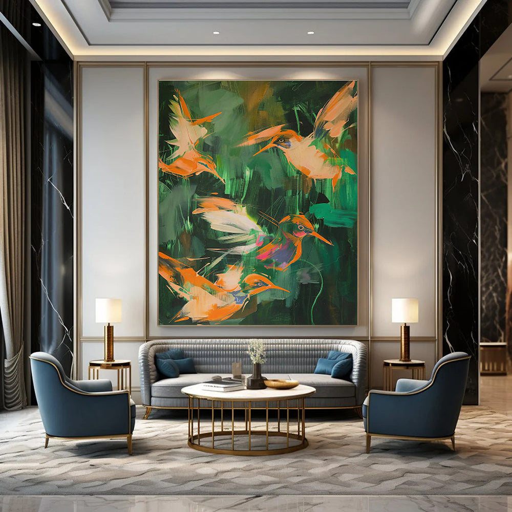 Orange Birds in Jungle Abstract Art for Tropical Resort & Nature - Lover’s Bedroom DLZ0681