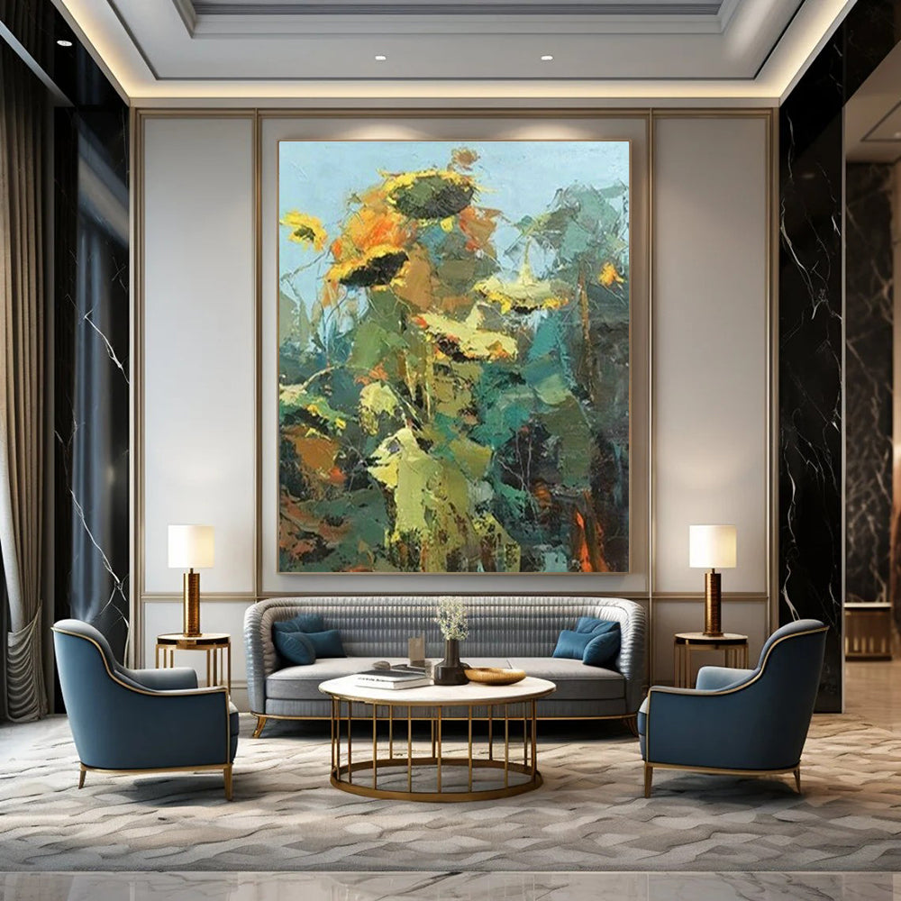 Impressionistic Sunflower Landscape Oil Painting for Countryside Café & Rustic Home Dining Room DLZ1611