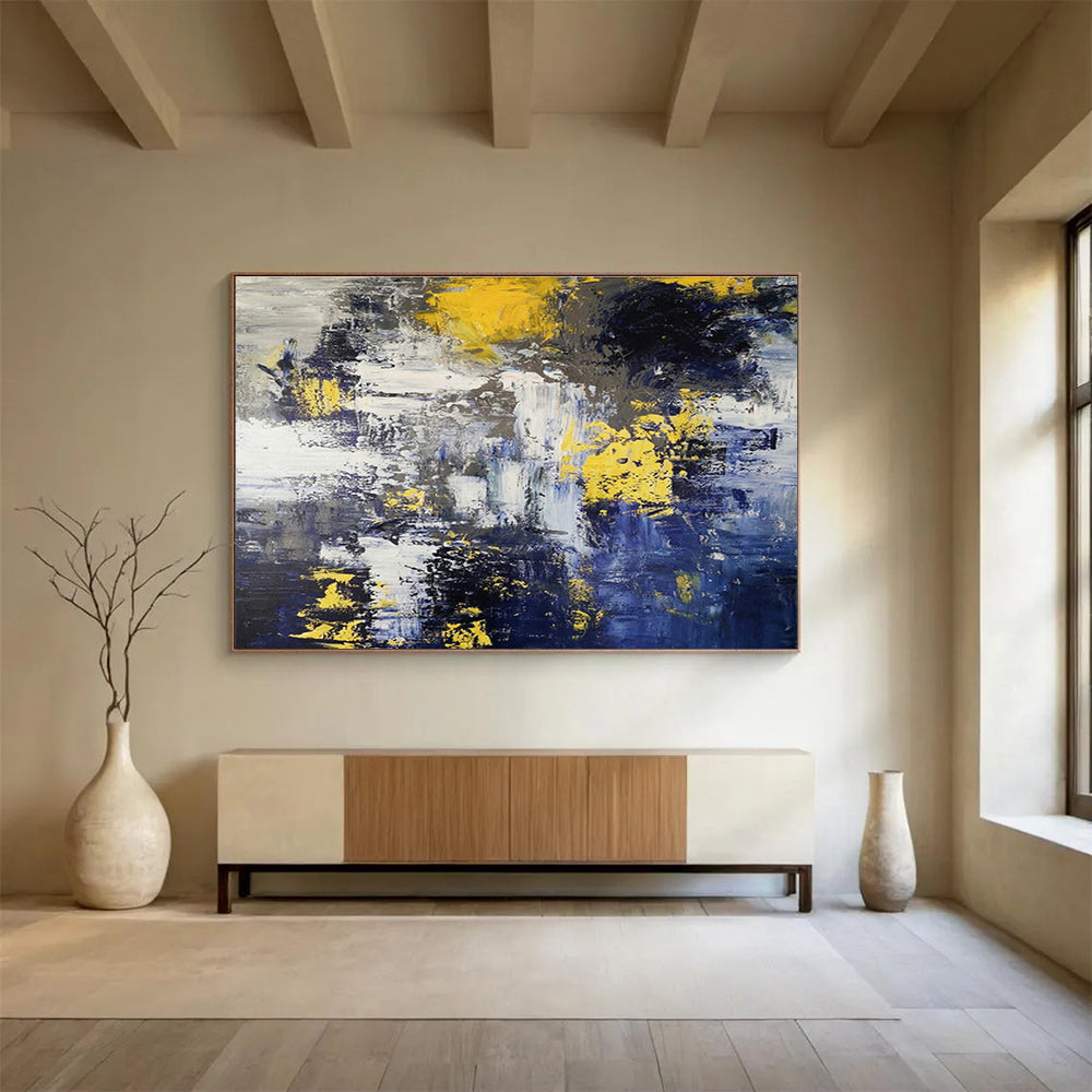 Dynamic Yellow - Blue Abstract Masterpiece to Elevate Modern Living Room Aesthetics DLZ3033