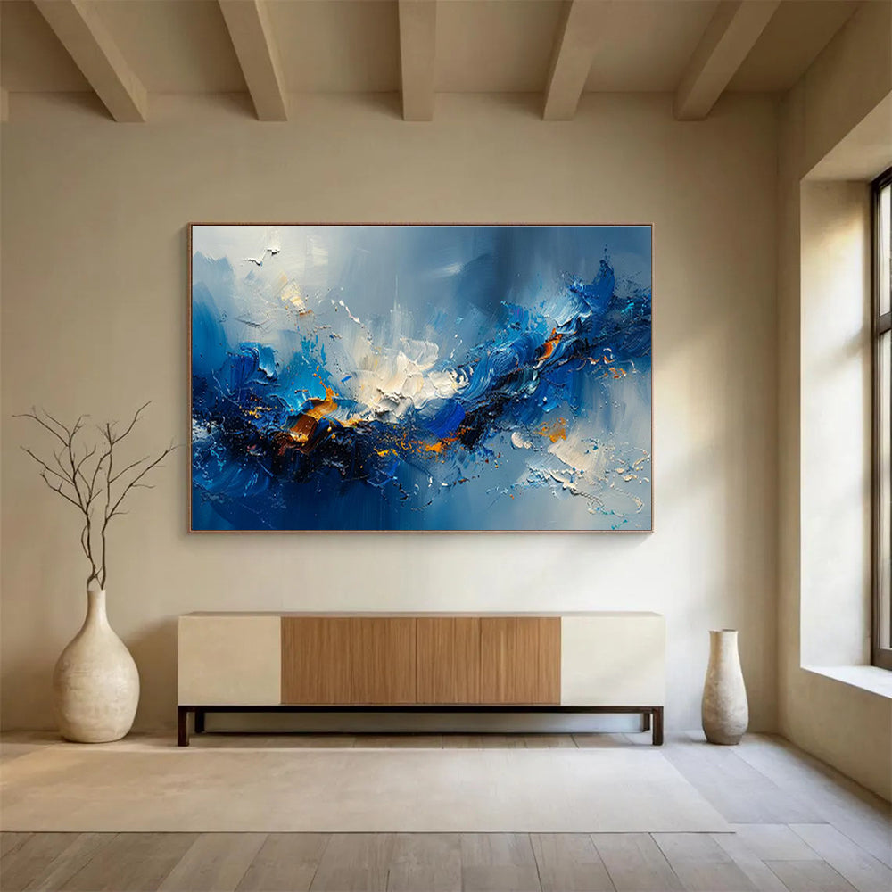 Dynamic Blue Abstract Wave Art for Modern Office Break Rooms DLZ3088