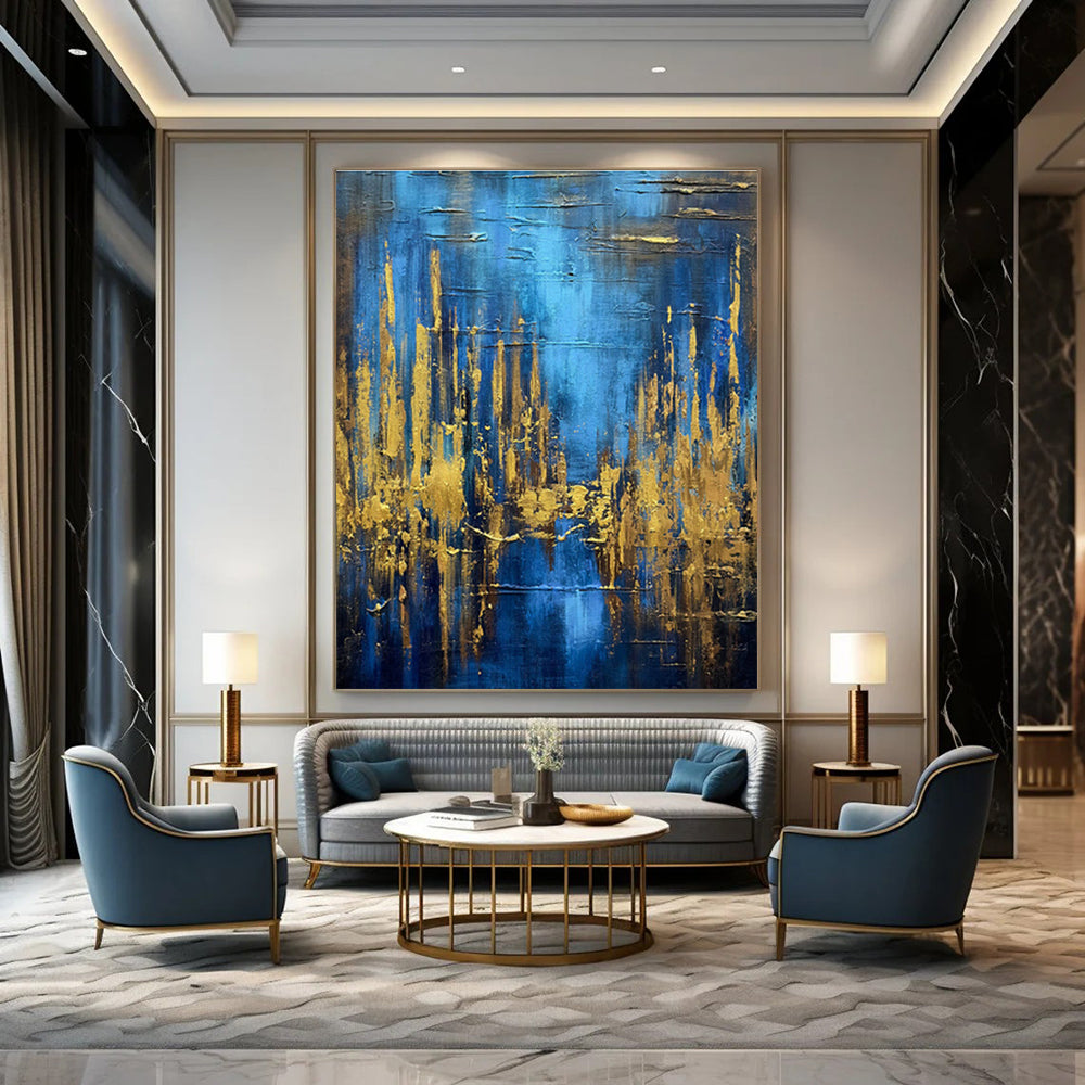 Blue and Gold Vertical Lines Art for Contemporary Office & Chic Boutique DLZ0743