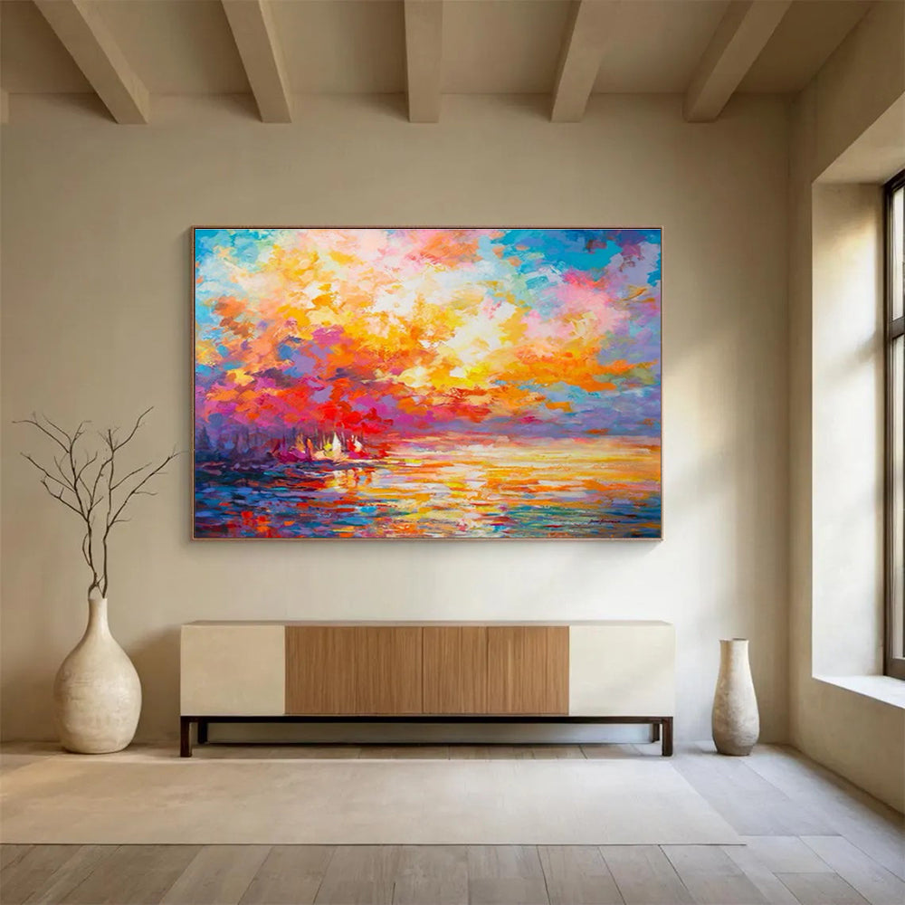 Vivid Sunset Lake View Abstract Art for Cozy Living Room DLZ2793