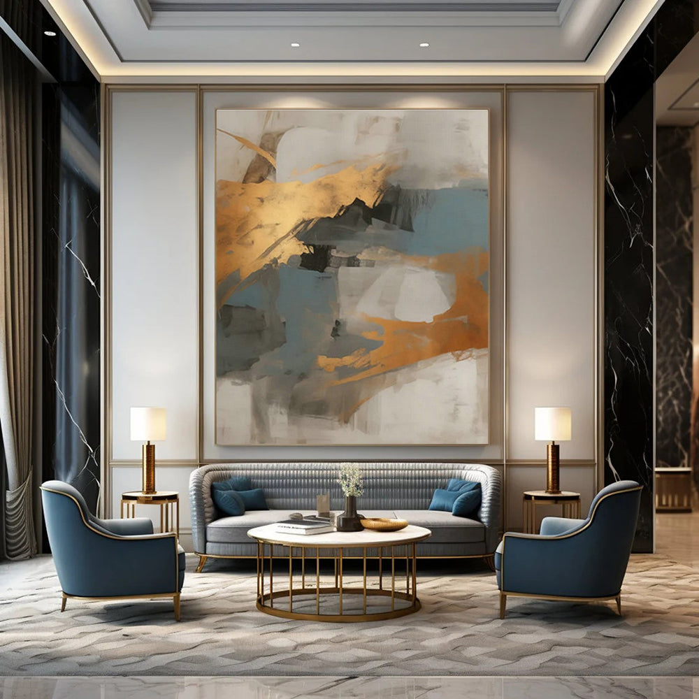 Gold - Blue - Gray Abstract Art for Coastal Home Beach House & Corporate Meeting Room DLZ1733