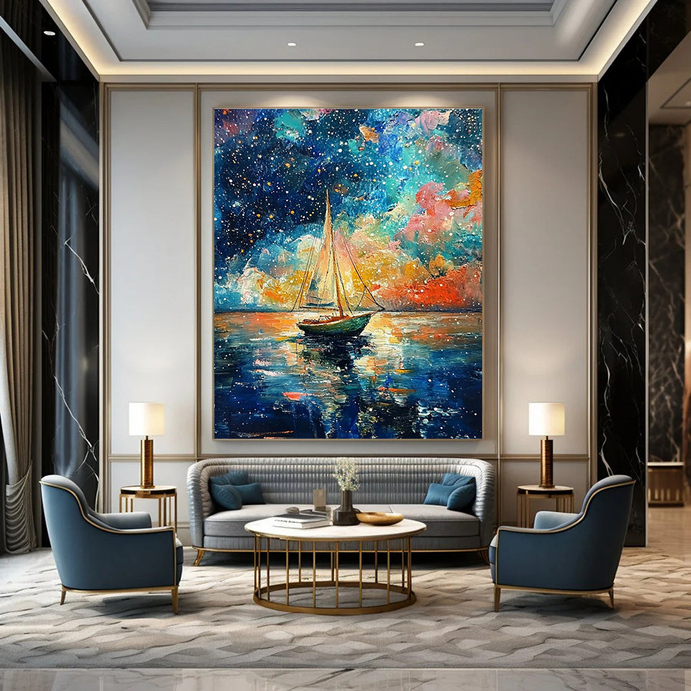 Starry Night Sailboat for Dreamy Guest Room & Cosmic - Themed Bar STSC1199