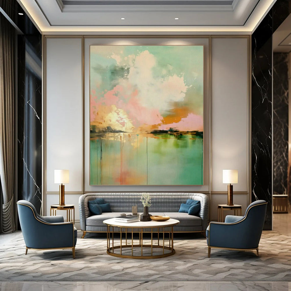 Pink - Green Abstract Landscape Art for Scandinavian Bedroom & Art Gallery Lounge DLZ1001