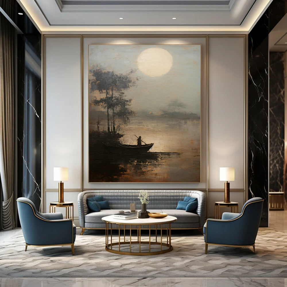 Moonlit Boat Oil Painting for Coastal Bedroom & Zen Meditation Space DLZ0851