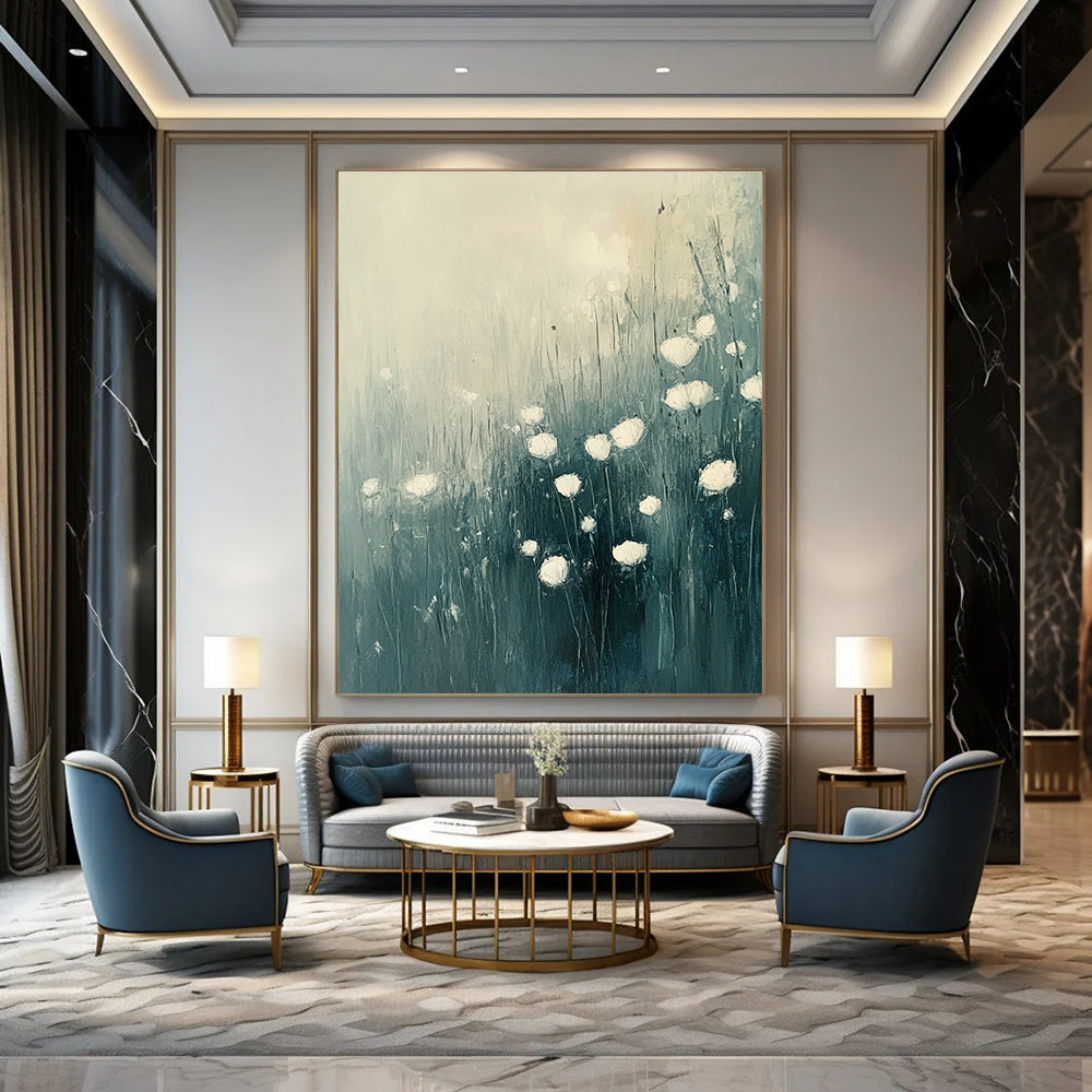 Abstract White Flowers in Field for Serene Spa Retreat & Minimalist Home Living Room STSC184
