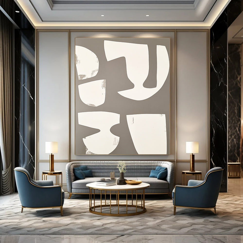 White Shapes on Gray Abstract Geometric Art for Modern Home Office & Minimalist Art Gallery STSC1491