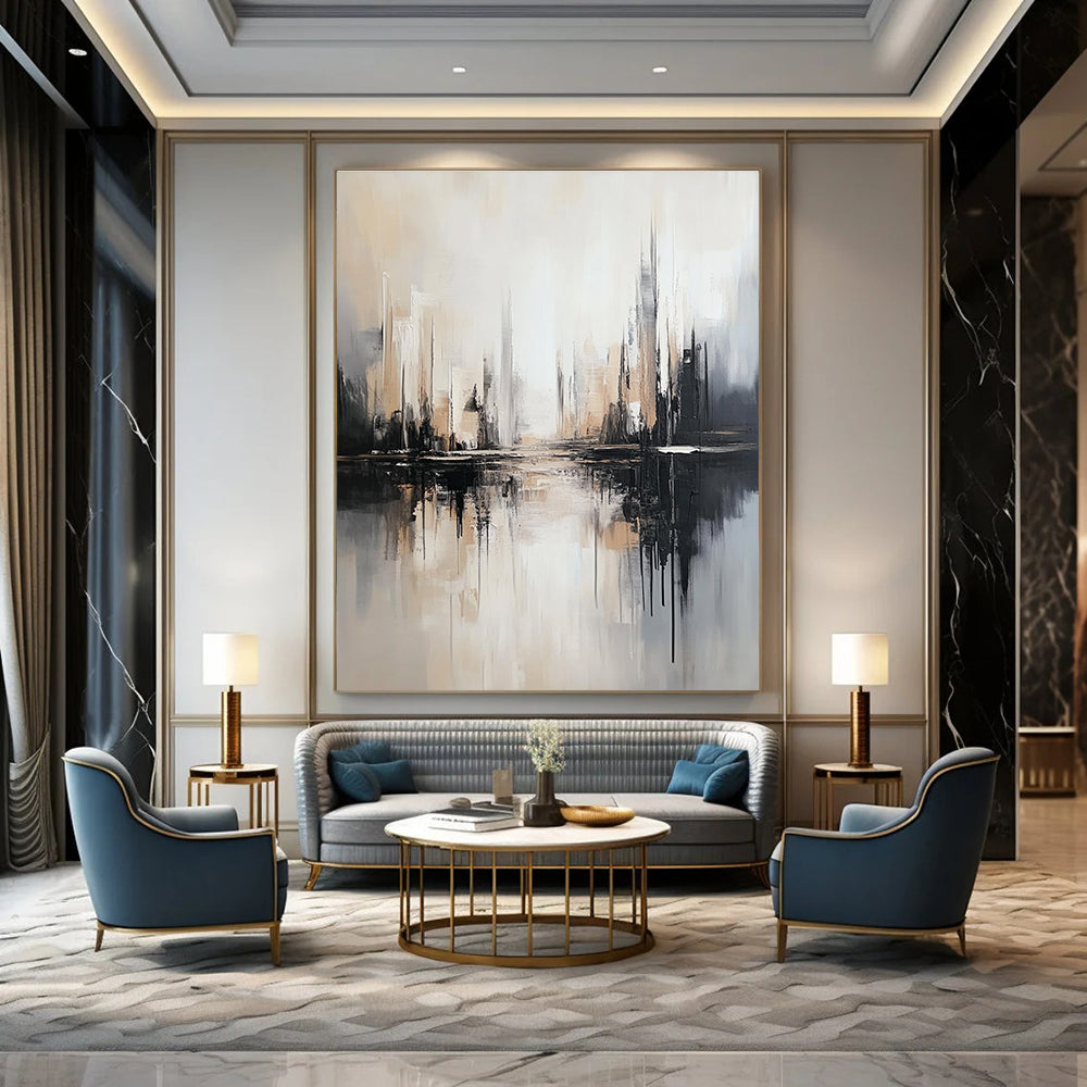 Monochromatic Cityscape Reflection Art for Modern Office Reception & Minimalist Home Library STSC1352