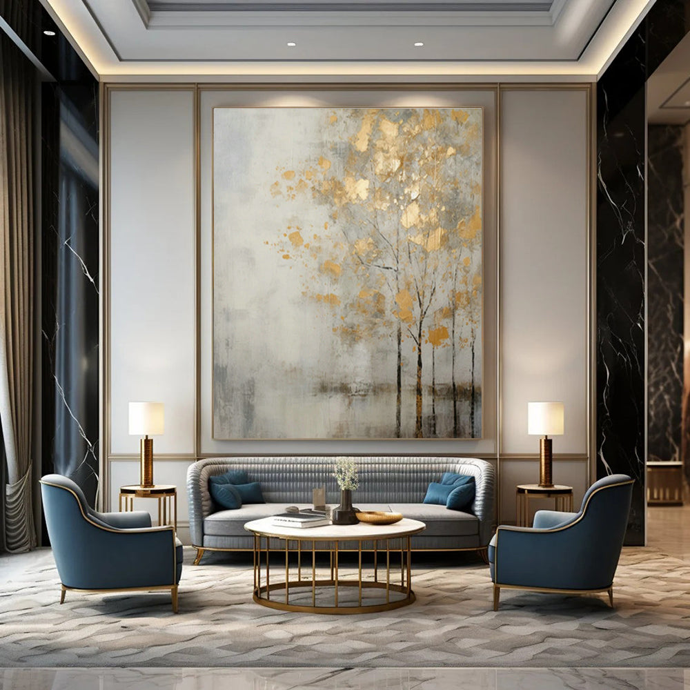 Gold - Leaf Tree Abstract Art for Luxury Hotel Lobby & Home Living Room DLZ1062