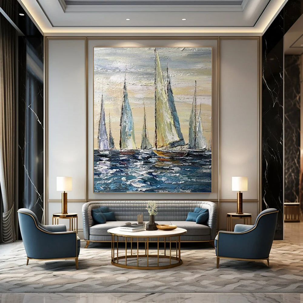 Sailing Boats Oil Painting for Nautical Yacht Club & Beach House Dining Room DLZ0852