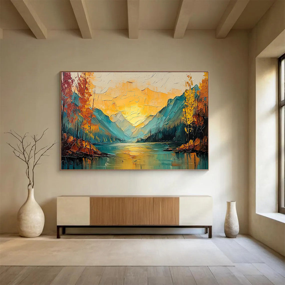 Textured Mountain & Lake Sunset Art for Adventure Lodge Communal Spaces DLZ3245