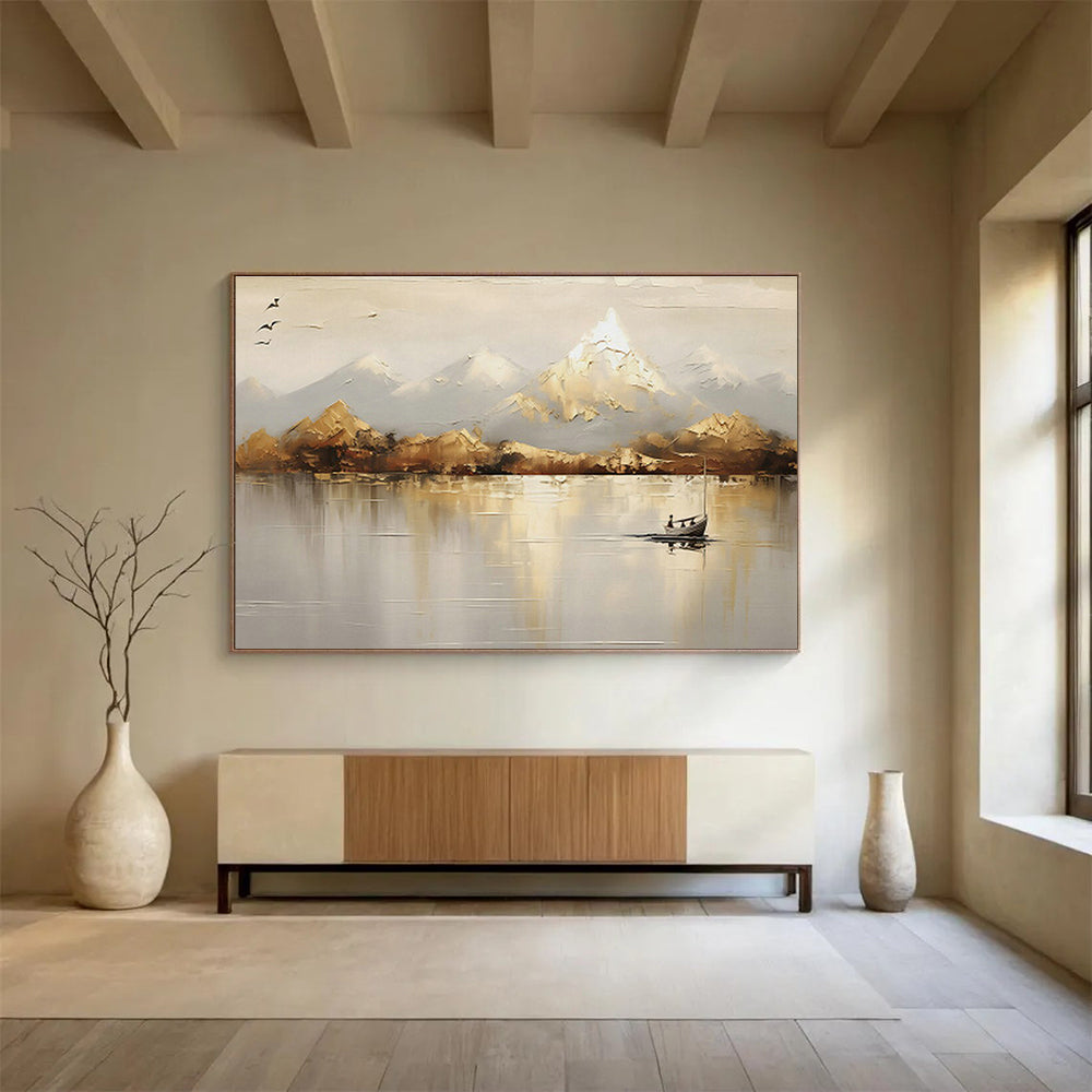 Mountain - Lake Boat Oil Painting for Rustic Cabin Living Areas DLZ2542