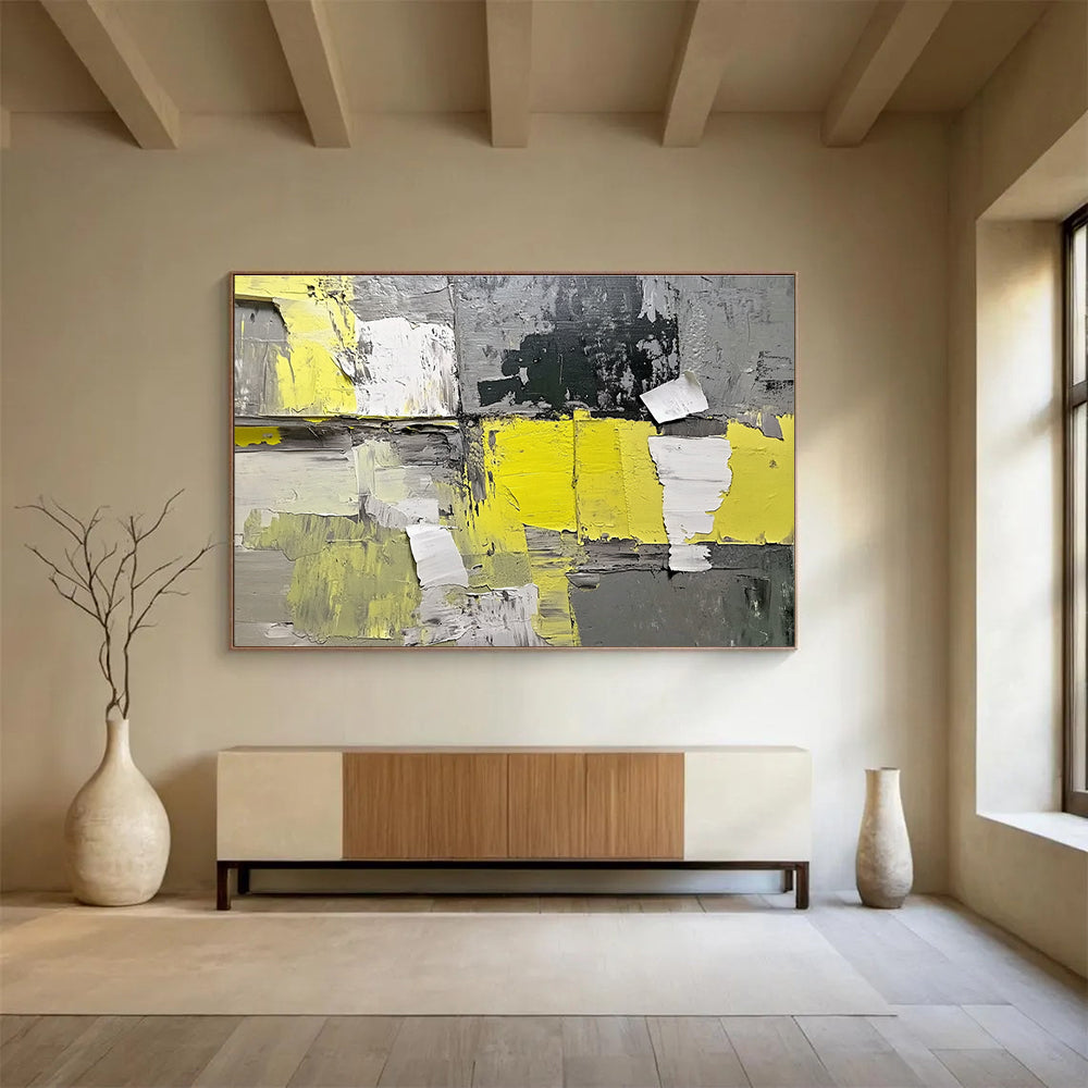 Yellow - Gray Collage Abstract Art for Industrial - Style Café & Modern Art Studio SC240