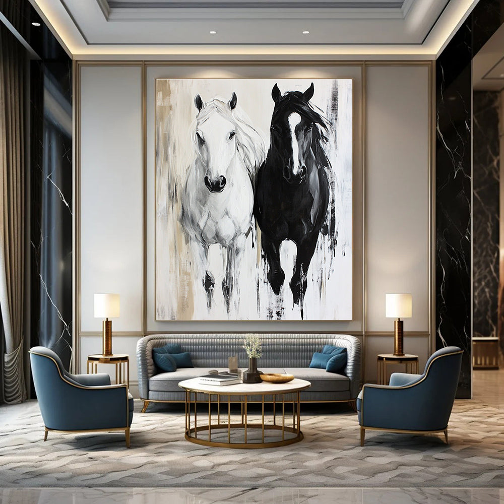 Black and White Horses Dynamic Equine Art for Equestrian Club Lounge & Modern Home Hallway STSC1452