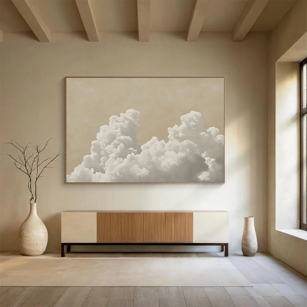Fluffy Clouds on Beige Art for Serene Nursery & Wellness Space SC454