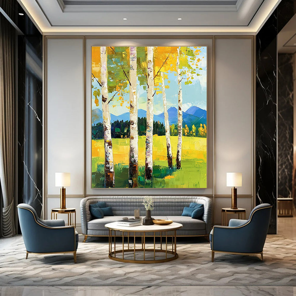 Summer Birch Trees and Mountains for Bright Home Office & Alpine - Style Lodge STSC871
