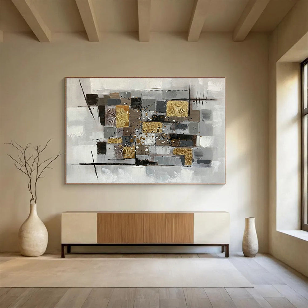 Gold - Grey Geometric Collage Art for Contemporary Study DLZ2737