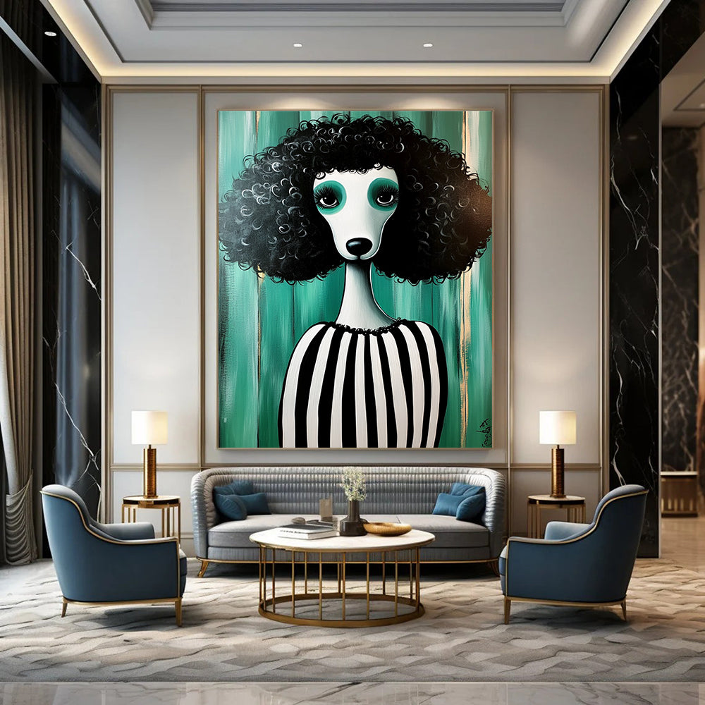 Curly - haired Poodle in Stripes for Quirky Pet Café & Eclectic Home Living Room STSC1000