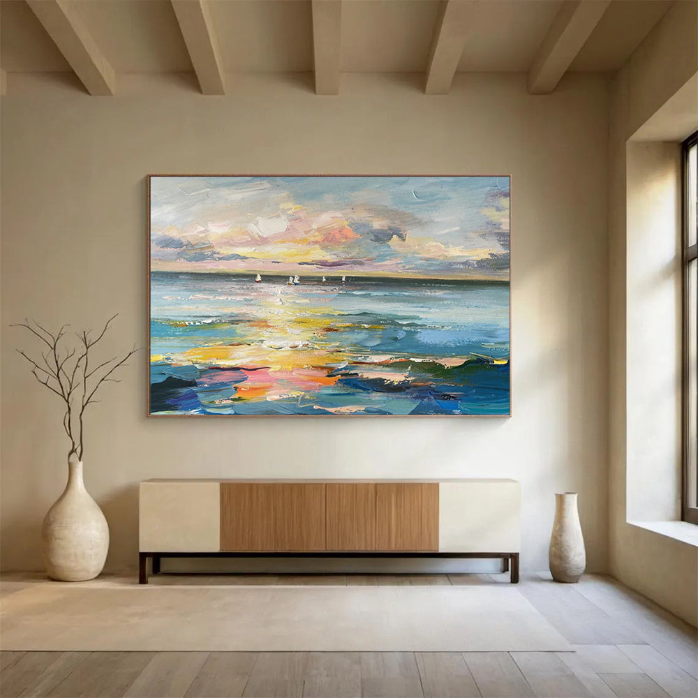 Sea View with Sailboats Oil Painting for Nautical - Themed Living Rooms DLZ2499