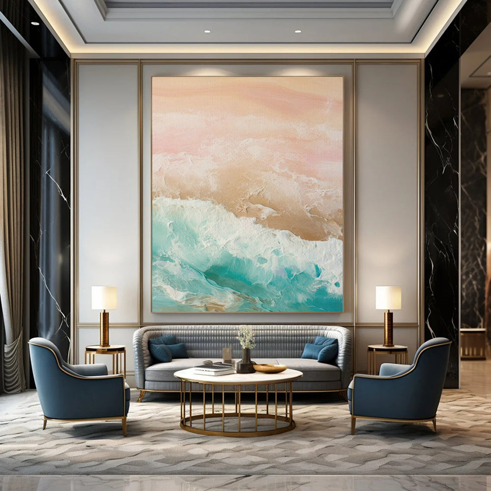 Pastel Ocean Waves Abstract Art for Beachfront Villa Living Room & Bohemian Café DLZ1631