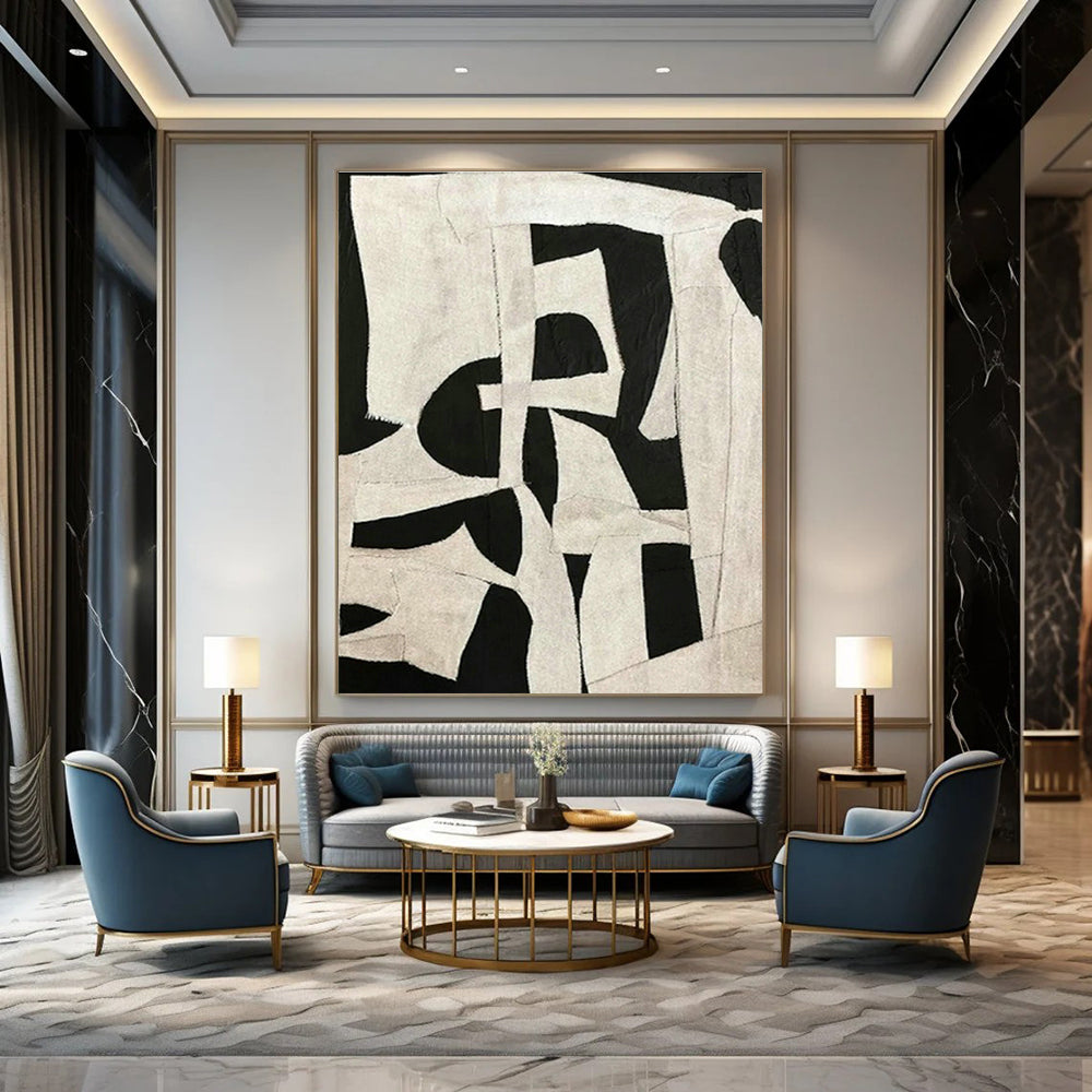Black - White Collage Abstract Art for Industrial Loft & Home Dining Room DLZ1144