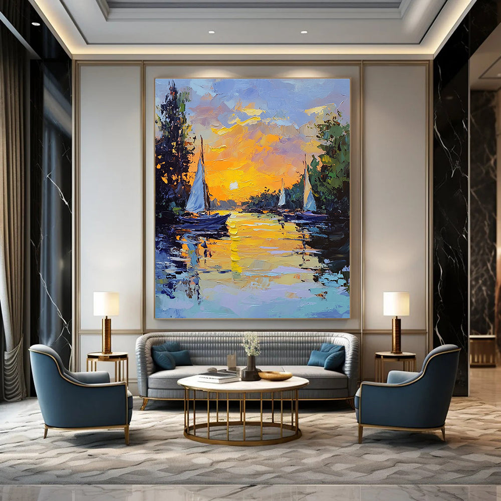 Sunset Sailboats on River Art for Riverside Restaurant & Relaxing Home Balcony STSC1419