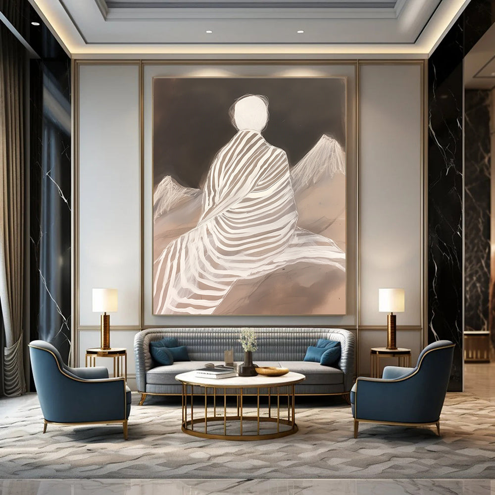 White - Clad Figure with Stripes for Zen Meditation Room & Contemporary Home Library STSC1292