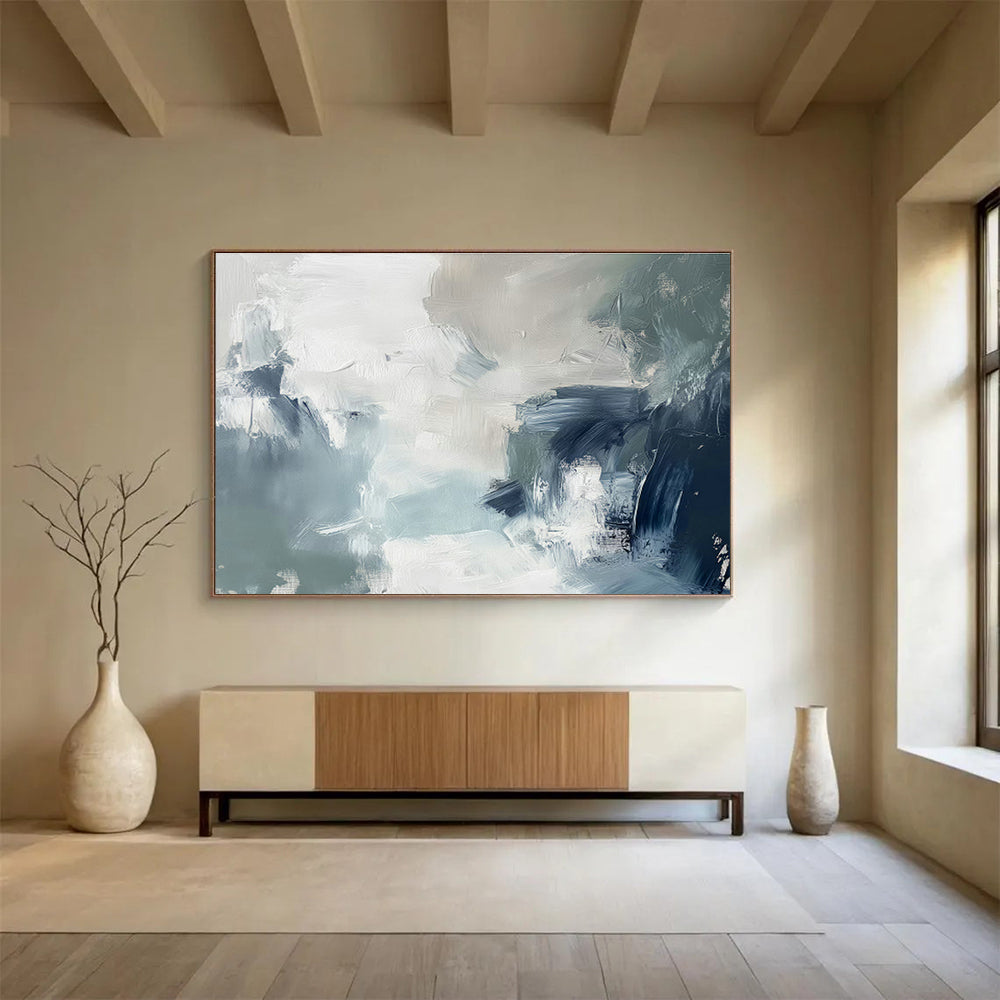 Gray - White - Blue Abstract Art for Coastal Home Living Room Accents DLZ2620