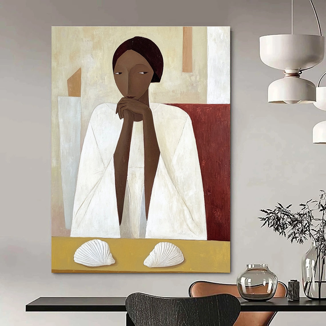 Woman in White with Shells Art for Coastal Home & Serene Meditation Room STSC1115