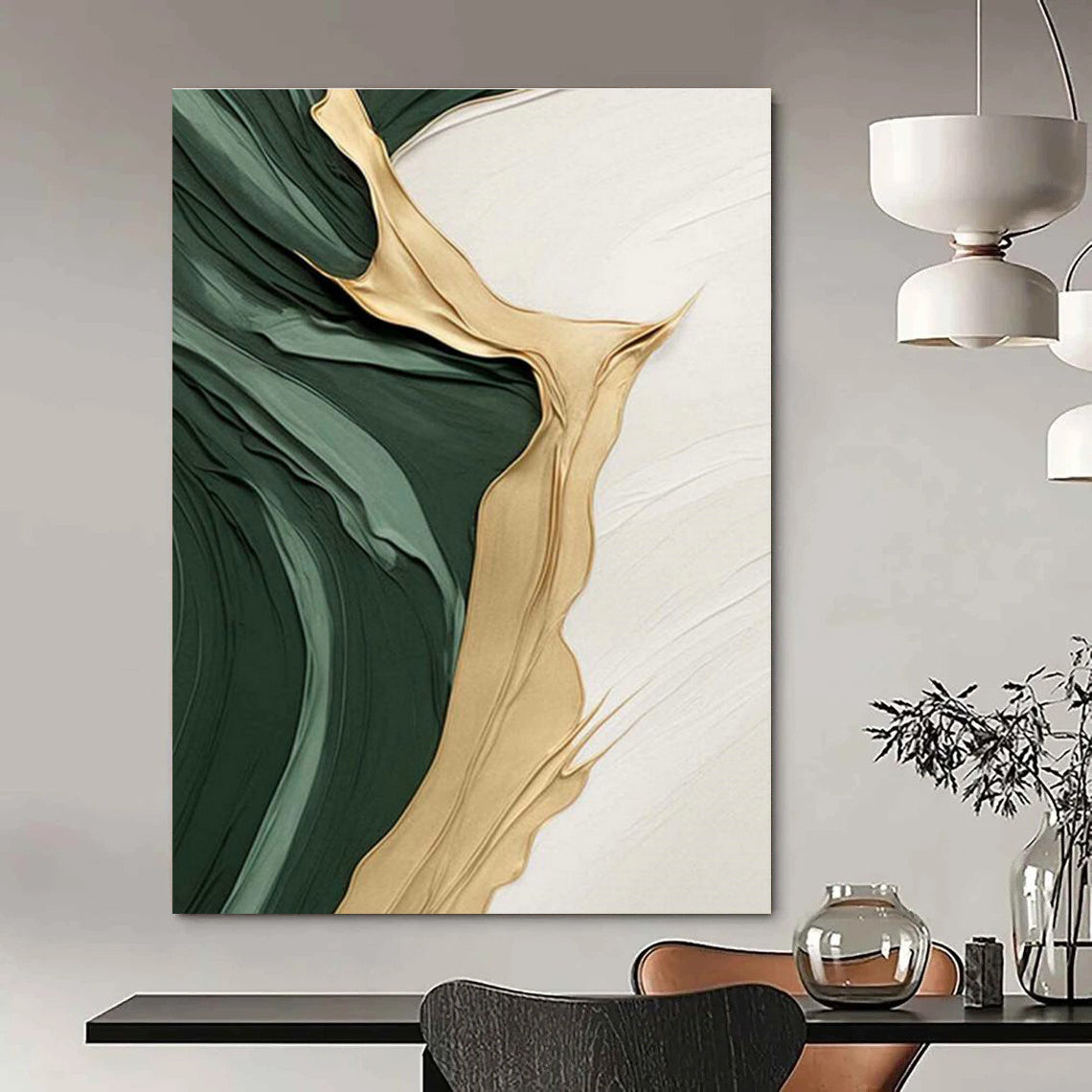 Green and Gold Flowing Abstract Art for Opulent Hotel Lobby & Art - Centric Home DLZ2196