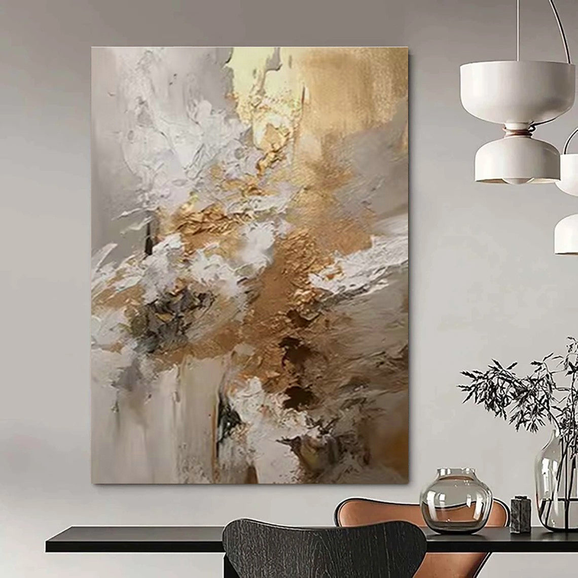 White - Gold - Brown Abstract Art for Luxury Hotel Suite & High - End Restaurant DLZ1253