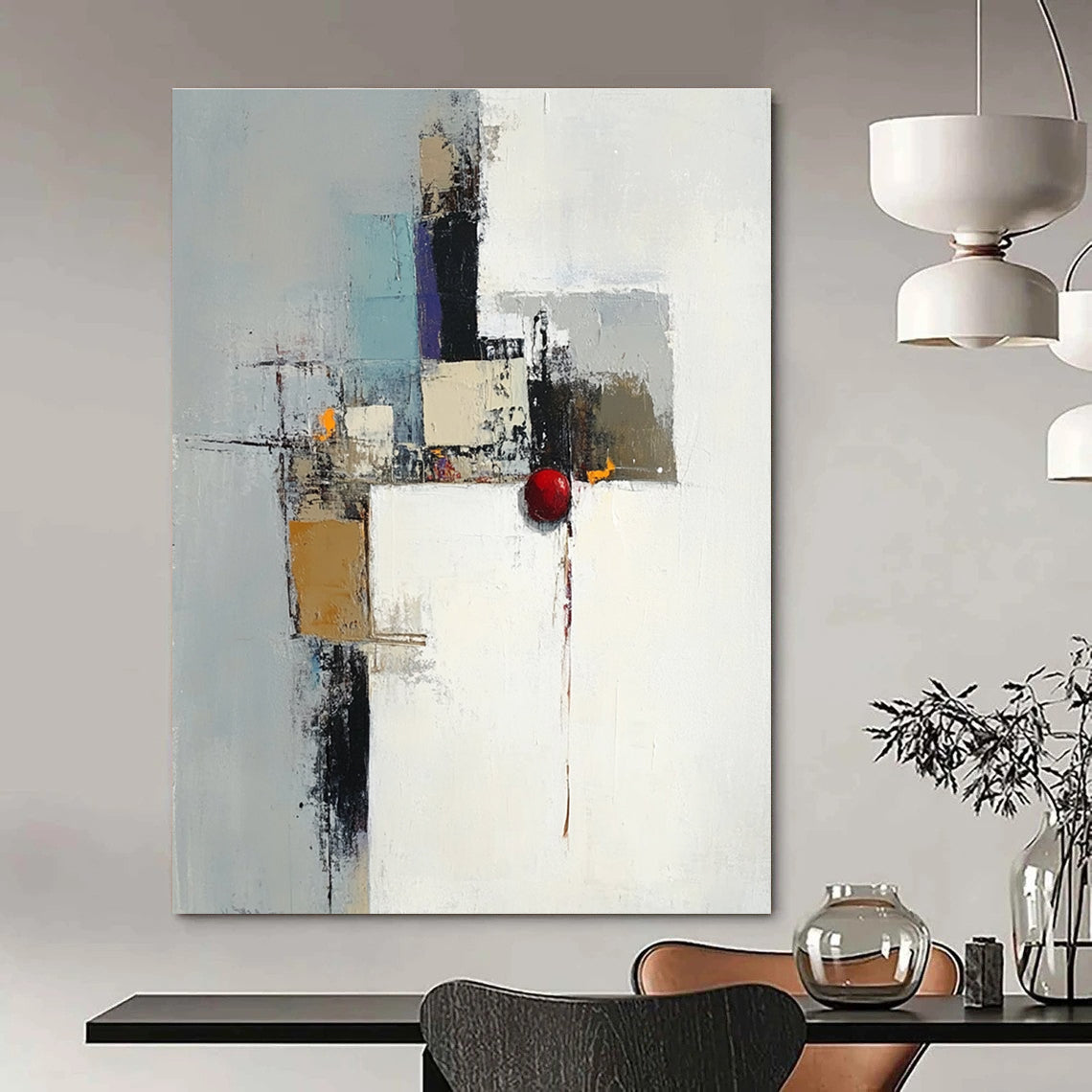 Mixed Media Abstract with Red Sphere for Contemporary Art Gallery & Eclectic Home STSC615