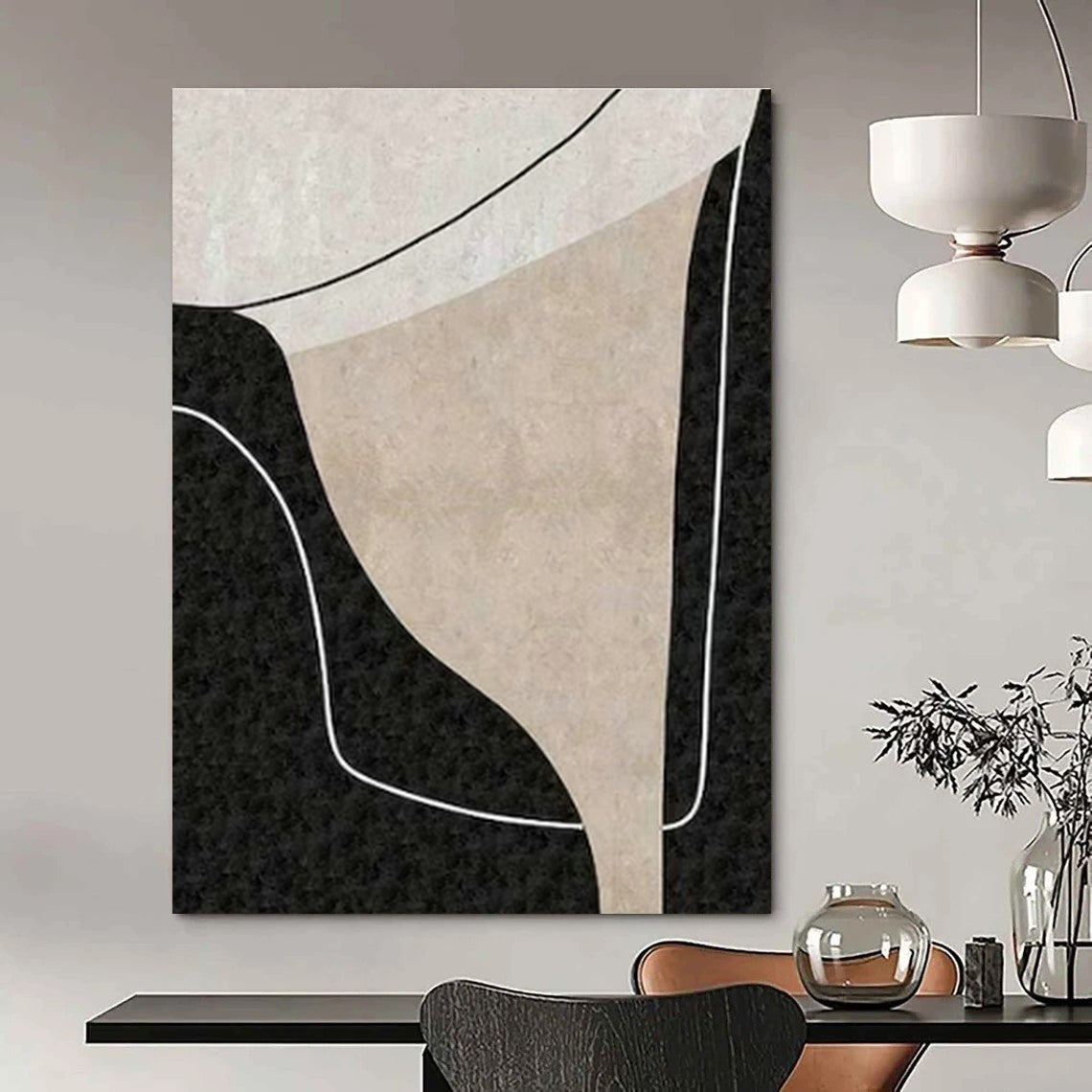 Beige - Black Abstract Curves Art for Contemporary Living Room & Art Studio DLZ2071