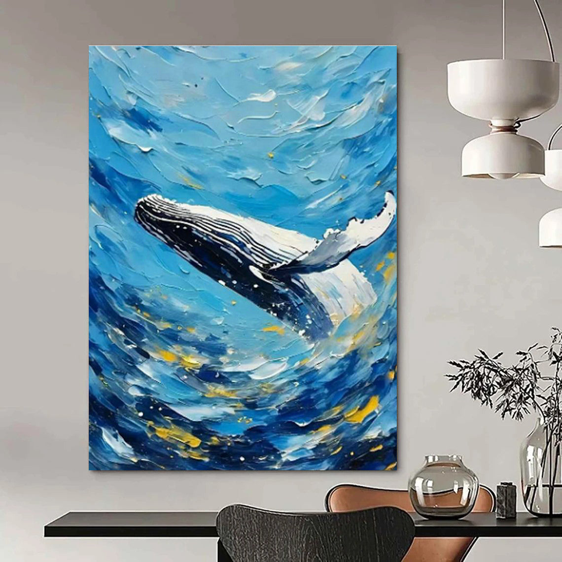 Blue Sea Whale Oil Art for Coastal Home Living Rooms & Beach House Guest Suites DLZ0292