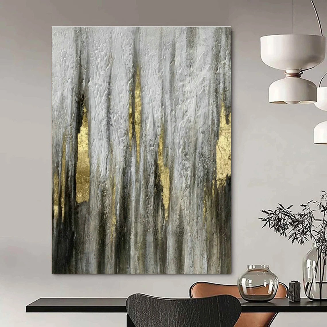 Grey - Gold Vertical Lines Abstract Art for Living Room & Bedroom DLZ0500